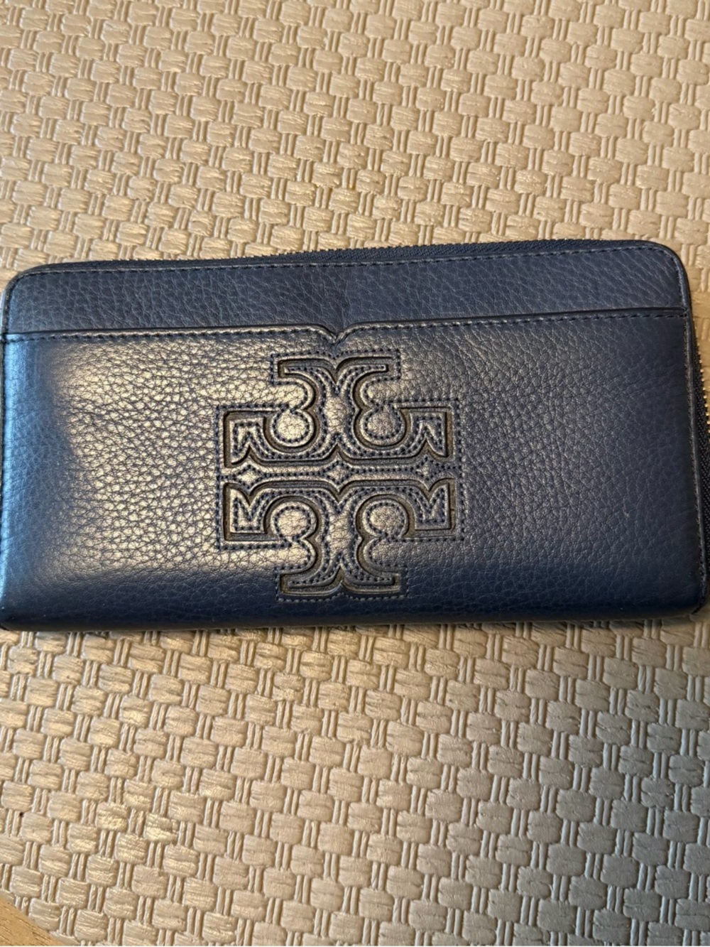 Tory Burch Dark Blue Pebbled Leather Zip-Around Wallet